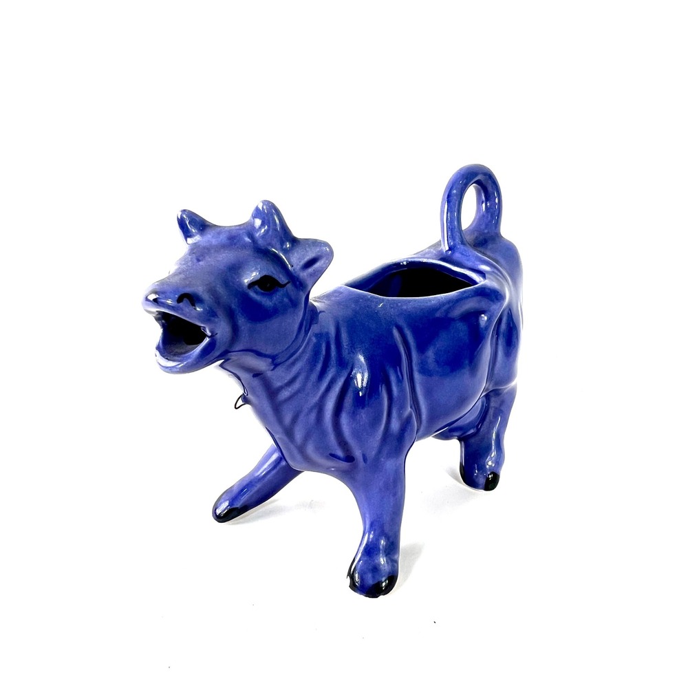 Vintage Cobalt Blue Ceramic Cow Creamer Figurine Farmhouse Kitchen Decor